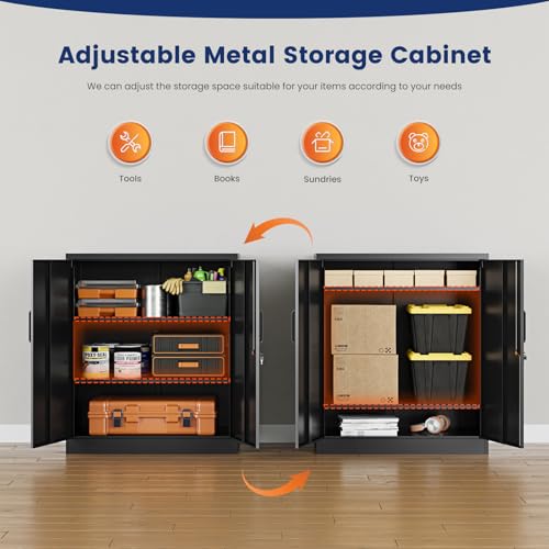 Image of Yizosh Metal Garage Storage Cabinet with 2 Doors and 2 Adjustable Shelves - 35.5 inch Steel Lockable File Counter Cabinet for Home Office,Garage,Gym,School(Black) (Pack of 2)