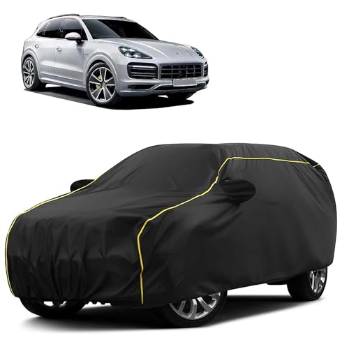 Image of Sulfar 100% Water Resistant Car Body Cover Compatible with Mirror for Porsche Cayenne (Triple Stitched, Full Bottom Elastic, Black Taffeta with Yellow Piping)