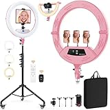 22' Foldable Ring Light with Stand for iPhone ipad, 75' Tripod with Wheels 50W 6500K LED Display/2 USB Ports Large Ringlight Rolling, Tattoo Barber Makeup Studio Video Photography Lighting(Pink)