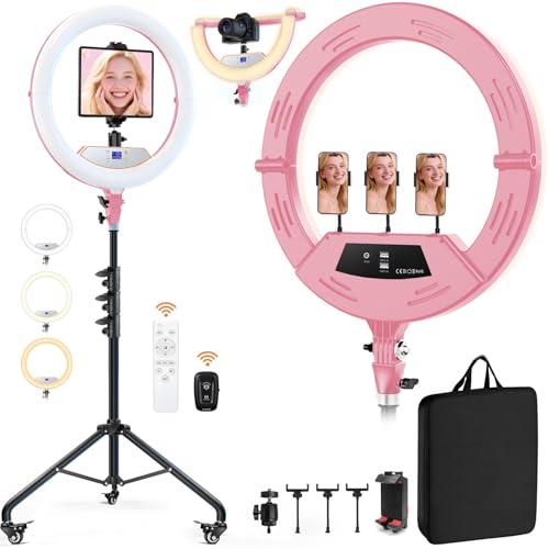 22" Foldable Ring Light with Stand for iPhone ipad, 75" Tripod with Wheels 50W 6500K LED Display/2 USB Ports Large Ringlight Rolling, Tattoo Barber Makeup Studio Video Photography Lighting(Pink)