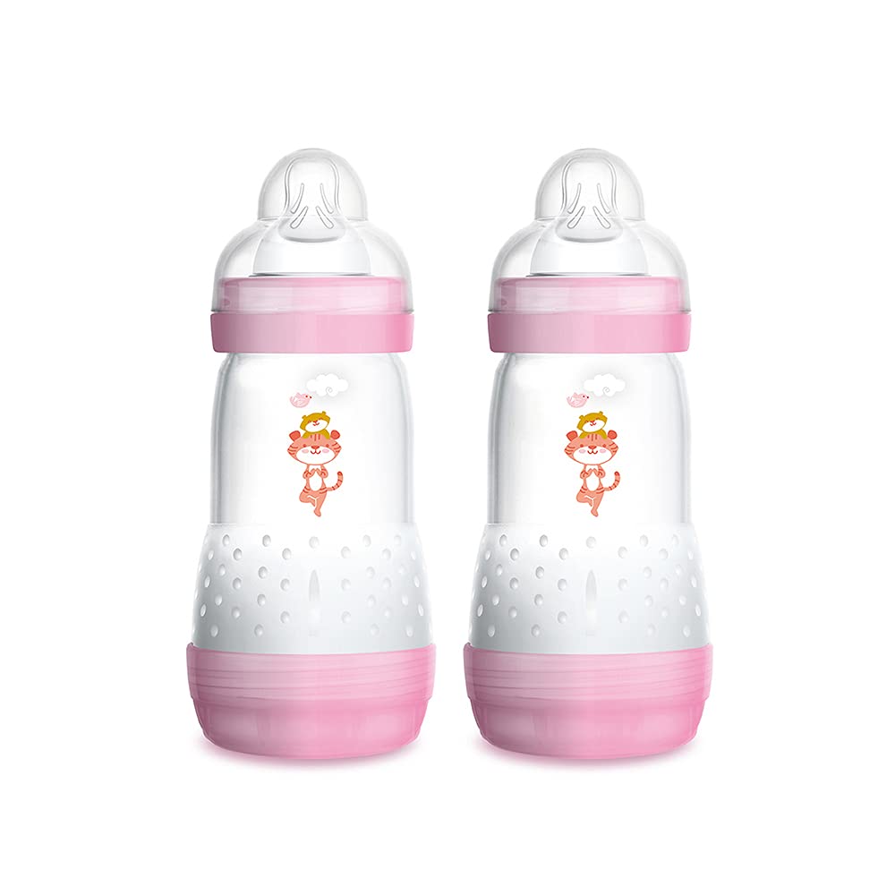 MAMA138 Easy Start Anti-Colic Bottle, Patented with SkinSoft™ Ultra Soft Silicone Teat, for Babies from 2 Months, Pink, Self-Sterilising in 3 Minutes, 260 ml, 2-Pack