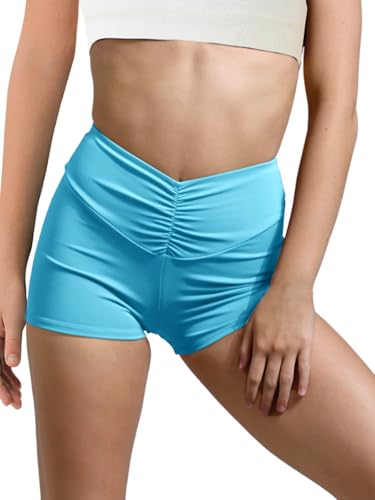 Haloumoning Girls Athletic Ruched V-Waist Shorts - Kids Dance, Yoga, Gymnastics Active Shorts - Black