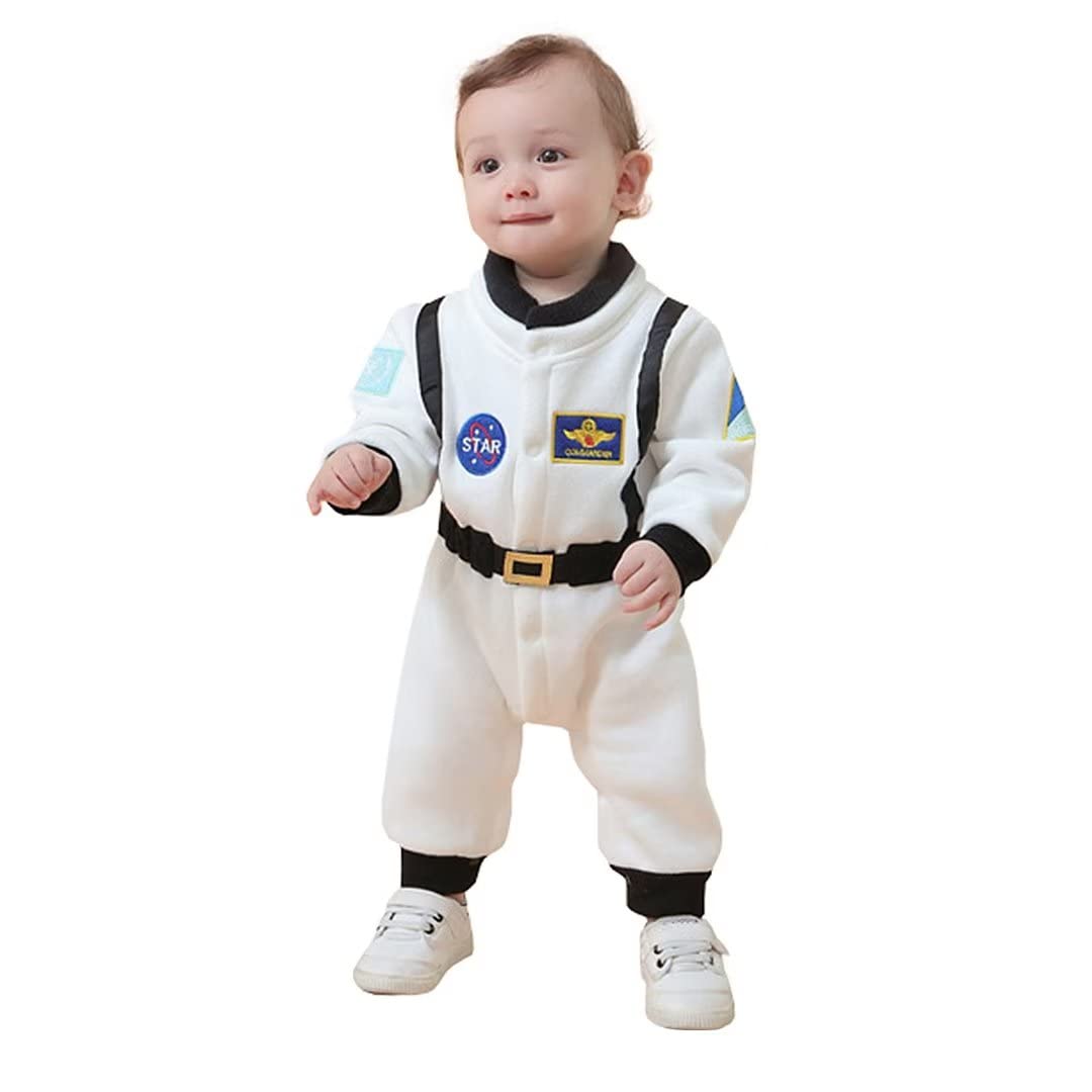 Photo 1 of OLLULL Baby Astronaut Costumes, Unisex Toddler Space Suit, Halloween Dress Up Romper Pilot Costume(White,12-18 Months)