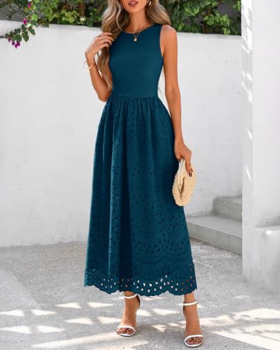 Image of dowerme Women Summer Dresses 2026 Casual Sleeveless Crewneck A-Line Boho Lace Eyelet Cotton Tank Maxi Dress with Pockets