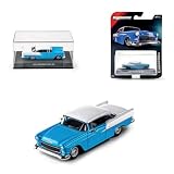 Coche de colección Majorette Collection inspirado en el clásico Chevrolet Bel Air 1955, con diseño en azul y blanco y escala real 1:64; ideal para coleccionistas adultos gracias a su nivel de detalle excepcional y acabados premium