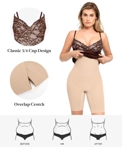 Image of Popilush Lace Midi Dress Shapewear Dresses for Women V-Neck Slip Adjustable Straps Bodycon Slip with Underwire