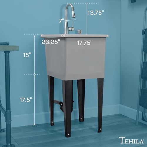 Image of Grey Space Saver Utility Sink by JS Jackson Supplies, Freestanding Tehila Space Saving Laundry Tub, Stainless Pull-Down Faucet, Soap Dispenser