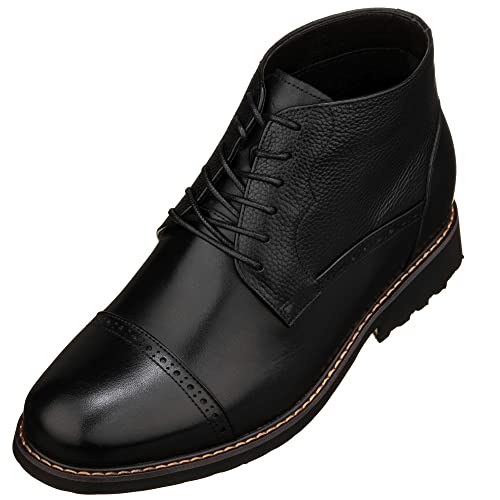 Image of CALTO Men's Invisible Height Increasing Elevator Shoes - Black Leather Lace-up Cap-toe Boots with Inner Faux Fur - 3.2 Inches Taller - Y41083 - Size 7 D(M) US