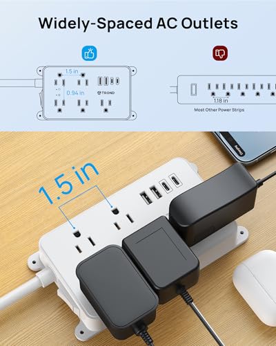 Image of TROND 360 Rotating Flat Plug Power Strip, 3ft Extension Cord, White
