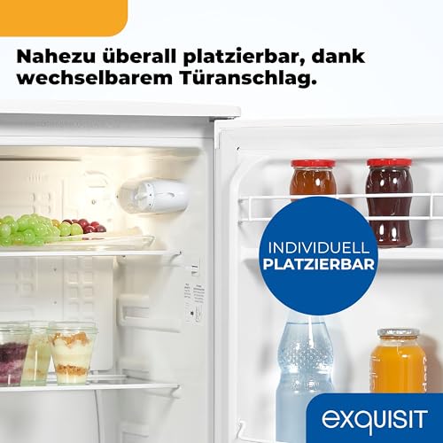 Exquisit Vollraumkühlschrank | 76 l Nutzinhalt, Energieeffizienzklasse E, 41 dB(A) | kompakt, LED-Innenbeleuchtung, manuelle Temperaturregelung, Glasablagen, Gemüseschublade | KS585-V-091E weiss