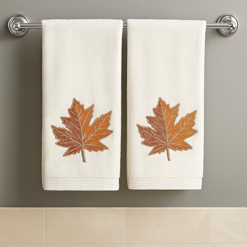 Autumn Hand Towels for Bathroom – Set of 2 White 100% Cotton Embroidered Maple Leaf Applique Design – 25 x 16” Decorative Bath & Kitchen Towels