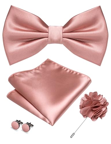 Image of RBOCOTT Solid Color Bow Tie and Pocket Square with Lapel Pin Cufflinks Set 4PCS