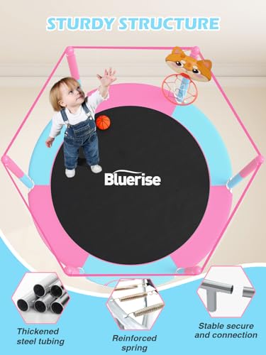Image of BLUERISE 55IN 6FT Indoor /Outdoor Toddler Trampoline for Kids | Galvanized Steel Pipe,Multiple Activity Accessories,110lb,Safety Enclosure,Basketball Hoop,No-Gap Design,Anti-Rollover Bottom