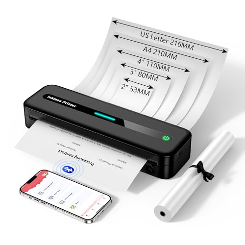 ASprink Mobiler Drucker, M832 Bluetooth Thermodrucker für A4/110mm/80mm/53mm/US-Letter Thermopapier, Drucker Klein Kompakt für Android und iOS - Schwarz