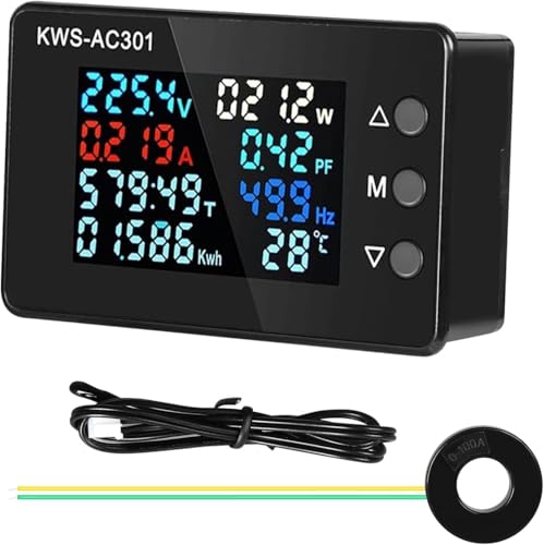 Jadeshay Voltimetro Amperimetro 50 300V 0 100A Multifuncional Medidor de Energía Digital Pantalla LCD Multímetro AC Voltímetro Amperímetro con Transformador de Corriente y Sensor de Temperatura