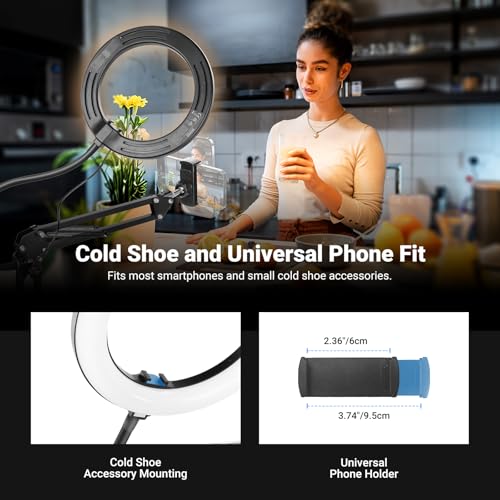Image of NEEWER Entry Level Version N41 8 inch LED Ring Light with Desk Clamp Stand /Remote, Overhead Phone Mount Holder Compatible with iPhone, Streaming Video Recording Selfie Nail Tech Food Photography Lighting