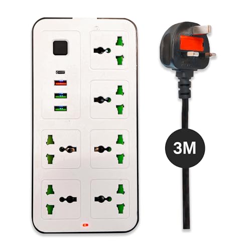 سلك تمديد 6 منافذ بطول 3 متر من انفلوكس بمنافذ USB ونوع C، واقي من اندفاع التيار ومحول متعدد المقابس، كيبل تمديد الطاقة، موزع USB مع مقبس ذكي - مثالي للالعاب مع قابس منصهر 13 امبير