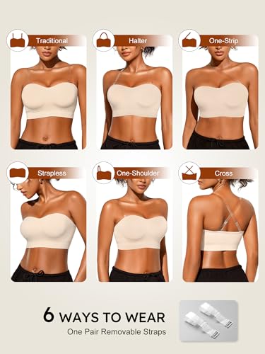 Image of Strapless Bras for Women, S-XL, Non-Slip Silicone Padded Bandeau Bra with Free Clear Strap, Wireless Tube Top Bralette