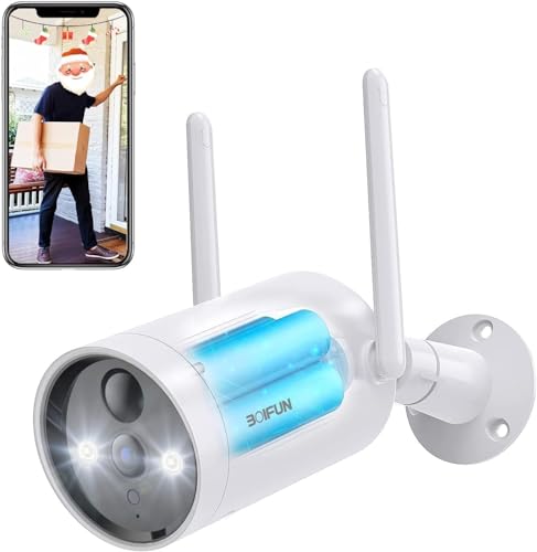 BOIFUN 2K Telecamera Wi-Fi Senza Fili da Esterno, Sicurezza Sorveglianza con Batteria, Rilevamento del Movimento Umano, Visione Notturna a Colori, Allarme Suono e Luce, Area Di Allarme Personalizzata