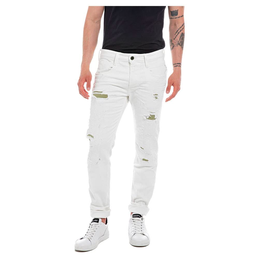 Replay Herren Jeans Anbass Slim-Fit Broken Edge, Optical White 001 (Weiß), 29W / 30L