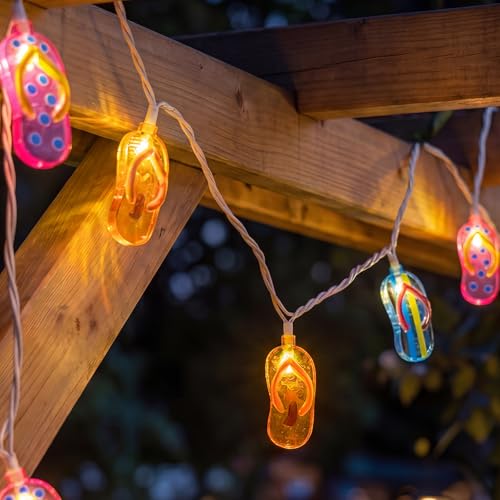 Oviejo 8.5Ft Tricolor Slipper String Lights, Outdoor Beach Slipper String Lights with 10 Colorful Flip Flop, Summer Waterproof Hanging Slipper Lights for Summer Camp Hawaiian Wedding Pool Party Decor