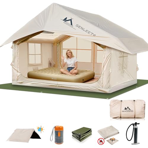 10' x 8' Inflatable Camping Tent for 6-8 People, 4 Season Blow up Tent with Rainfly, Easy Setup Electric Pump, Waterproof pad, Luxury Inflatable Tent House with Stove Jack for Camping