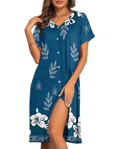 Image of Ekouaer House Dresses for Women with Pockets Button Down Nightgowns Plus Size Moo Moos Mumu Dresses Floral Print S-3XL