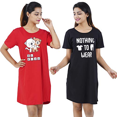 Image of Buy That Trendz Women's Long Tshirt Cotton Graphic Printed Knee Length Short Night Dress (Pack of 2)