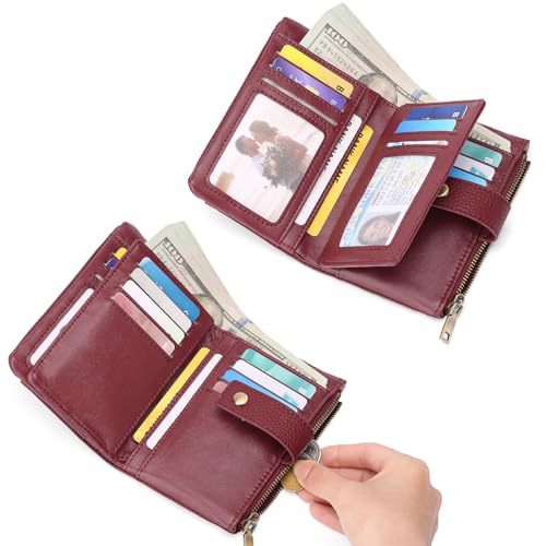 Image of SENDEFN Small Wallet for Women Leather RFID Blocking Wristlet Wallet Credit Card Holder with Double Zipper Coin Purse Ladies Bifold Purse (Wine Red)
