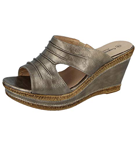Ladies Leather Lined Peep Toe Mid Wedge Mule Sandals (Gold, UK 6)