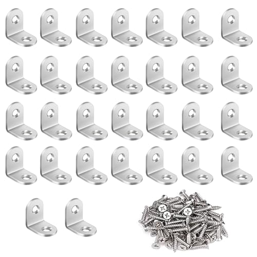 Yoezuo 30 Piezas Soporte de Esquina, Soporte de ángulo de Acero Inoxidable en Forma de L con 60 Tornillos, Soporte de Angulo Recto (20x20x16mm)