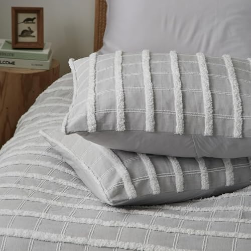 Image of Tufted Boho Grey Stripe Twin Duvet Cover Set, 1 Pillow Sham, No Comforter | Fluffy Brushed Microfiber, Button Closure,4 Corner Ties, Jacquard Weave, All Seasons, Striped Duvet Cover Twin Size 68 inchx90 in