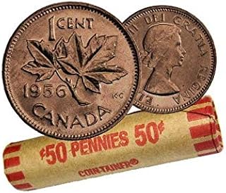 1956 Canadian 1-Cent Maple Leaf Twig Penny Coin Roll -50 Coins Circulated