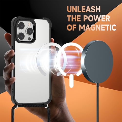 Coque iPhone 16 Pro aimantée MagSafe cordon noir ajustable et coque transparente