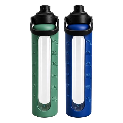 Image of Rioware Motivational Borosilicate Glass Water Bottle 1 Litre with Silicone Sleeve | Time Markings, Airtight, Leak-Proof BPA-Free Bottle For Fridge, Gym, Travel, Office & Home | Pack of 2- Blue-Green