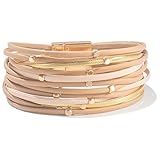 FANCY SHINY Beaded Leather Wrap Bracelets Cute Boho Stackable Bangle Cuff with Magnetic Clasp Layered Trendy Jewelry for Women(Nude)