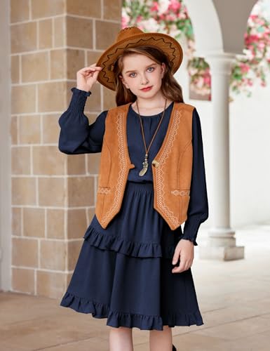 Arshiner Girls Long Sleeve Dress Boho Tiered Ruffle Hem Elegant Smocked Waist Midi Dress2