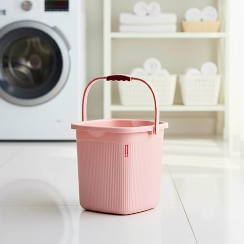 Image of MODWARE 5L Square Bathroom Bucket, Polypropylene, Brown, Space-Saving Design, Anti-Slip Handle, Pack of 2 (Pink)