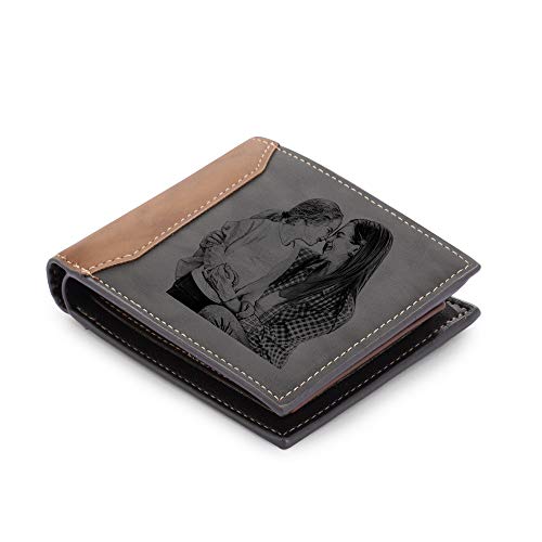 OPALSTOCK Men Custom Bifold Wallets, Custom Mens Leather Wallet Photo Wallets Engraved Text, Personalized Gifts for Husband, Dad, Son, BF, Groomsmen (Gray+Brown)