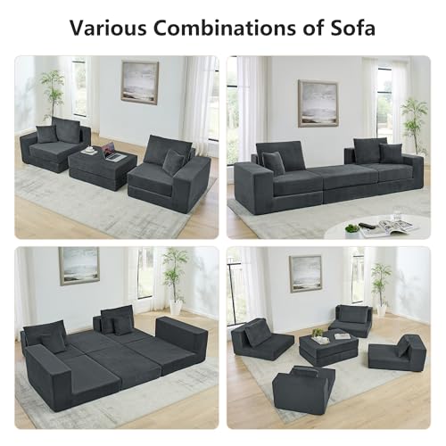 Image of L Shaped Boneless Couch Modular Sectional Sofa, Modern Cozy Corduroy Cloud Couch Loveseat with Ottoman, Memory Foam Convertible Sectional Sleeper Sofas for Living Room, Grey