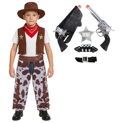 FUN FABLES Costume de cowboy occidental avec ensemble de shérif 7 pièces pour enfants – Déguisement de shérif du Far West – Jeu de rôle, Halloween,...