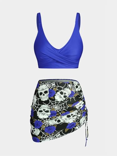 Rosegal Plus Size Women 3 Piece Tankini Swimsuit Gothic Skull Rose Spider Web Print Twist Bathing Suit2
