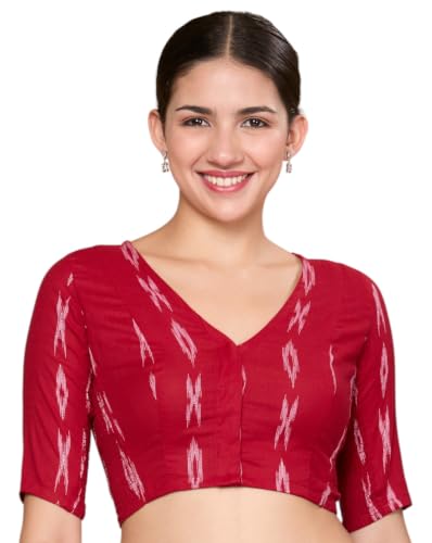 Image of Studio Shringaar Women Cotton Ikat Stretchable (Smocked) Readymade Elbow Length Sleeve Saree Blouse