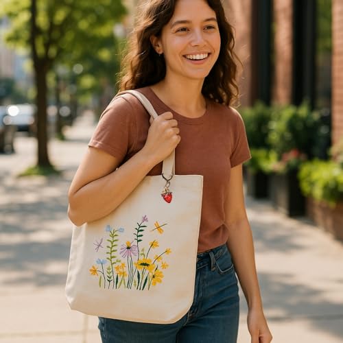 Image of Speedura Embroidery Kit for Beginners - Dual Canvas Tote Bags with Floral Cross Stitch Patterns | Complete Needlepoint Set Includes Hoops, Threads & Step-by-Step Video Tutorial (Beige & Blue Set)