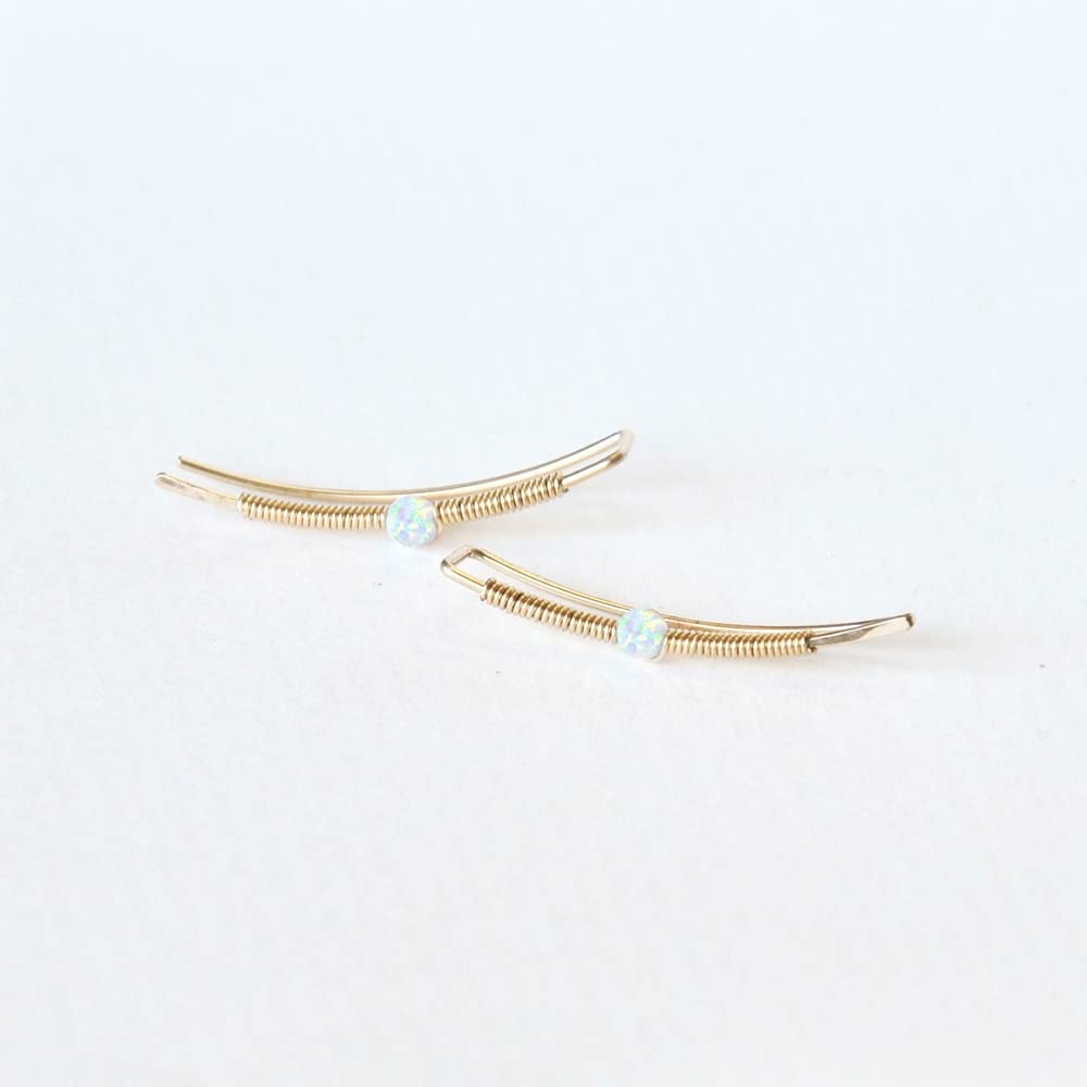Salan Women's White Gold Filled Ear Cuff Opal Beads Climber Earrings Handmade Boho Minimalist Earrings For