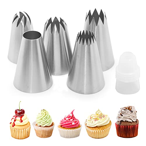 Icing Piping Tip Set, 6 PCS Stainless Steel Icing Tips Coupler Large Piping Set Cupcake Decorating Tip Set Piping Nozzle Tips, Cupcake Pastry Tips for DIY Cake Decorating