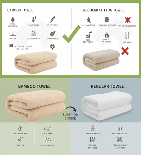 Image of IVAZA Ultimate Luxury with Our 600 GSM Bamboo Bath Towel - Experience 3X the Softness of Cotton with Ultra-Absorbent, Eco-Friendly Fibers for a Spa-Like Feel at Home (120x60 cm) Pack of 1 Asorted