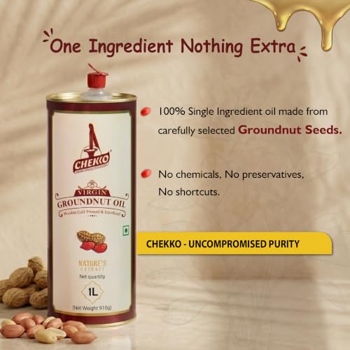 Image of Chekko Cold Pressed Groundnut Oil 2 Litre | Wood Pressed Peanut Oil | 100% Pure, Unrefined & Filtered | Kachi Ghani groundnut oil | Natural Cooking Oil for Frying & Daily Use (1 Litre*Pack of 2)