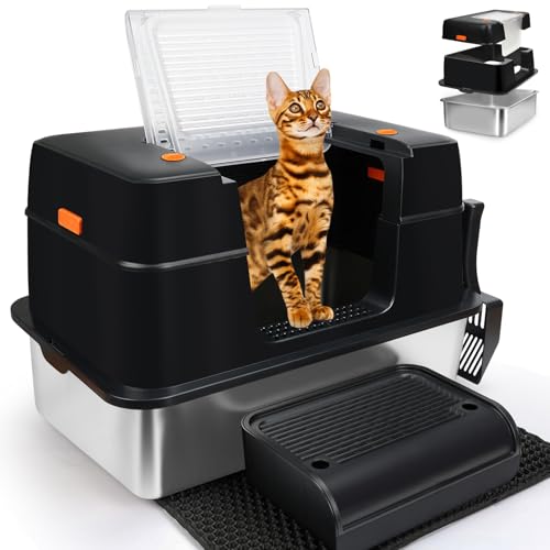 SZEE Caja de arena de acero inoxidable con tapa, caja de arena para gatos fácil de limpiar y sin absorber olor, caja de arena extragrande con modos abiertos/cerrados, incluye pala de arena,