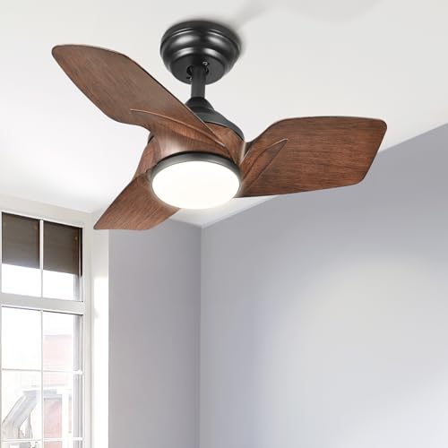 DWVO 26 Inch Ceiling Fans with Light and Remote, Small Modern Black Ceiling Fan with 3 Blades, 6 Speeds, 3 Colors Dimmable for Bedroom Patio Kitchen, DC Quiet Motor, Memory Function, Walnut